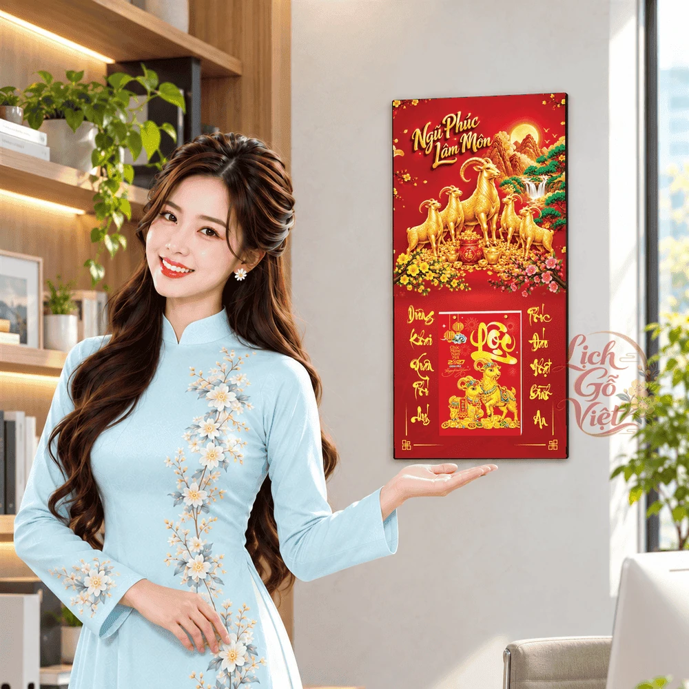 Lịch gỗ tráng gương 2027 30×60 cm Ngũ Phúc Lâm Môn LGV27T3-01 — ảnh 4