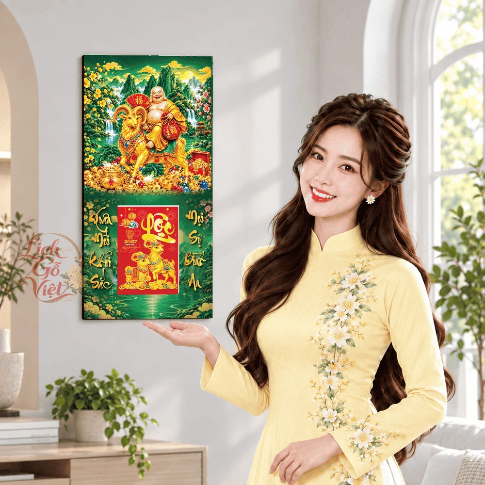 Lịch gỗ tráng gương 2027 30×60 cm Phật Di Lặc Hoa Mai LGV27T3-04 — ảnh 5