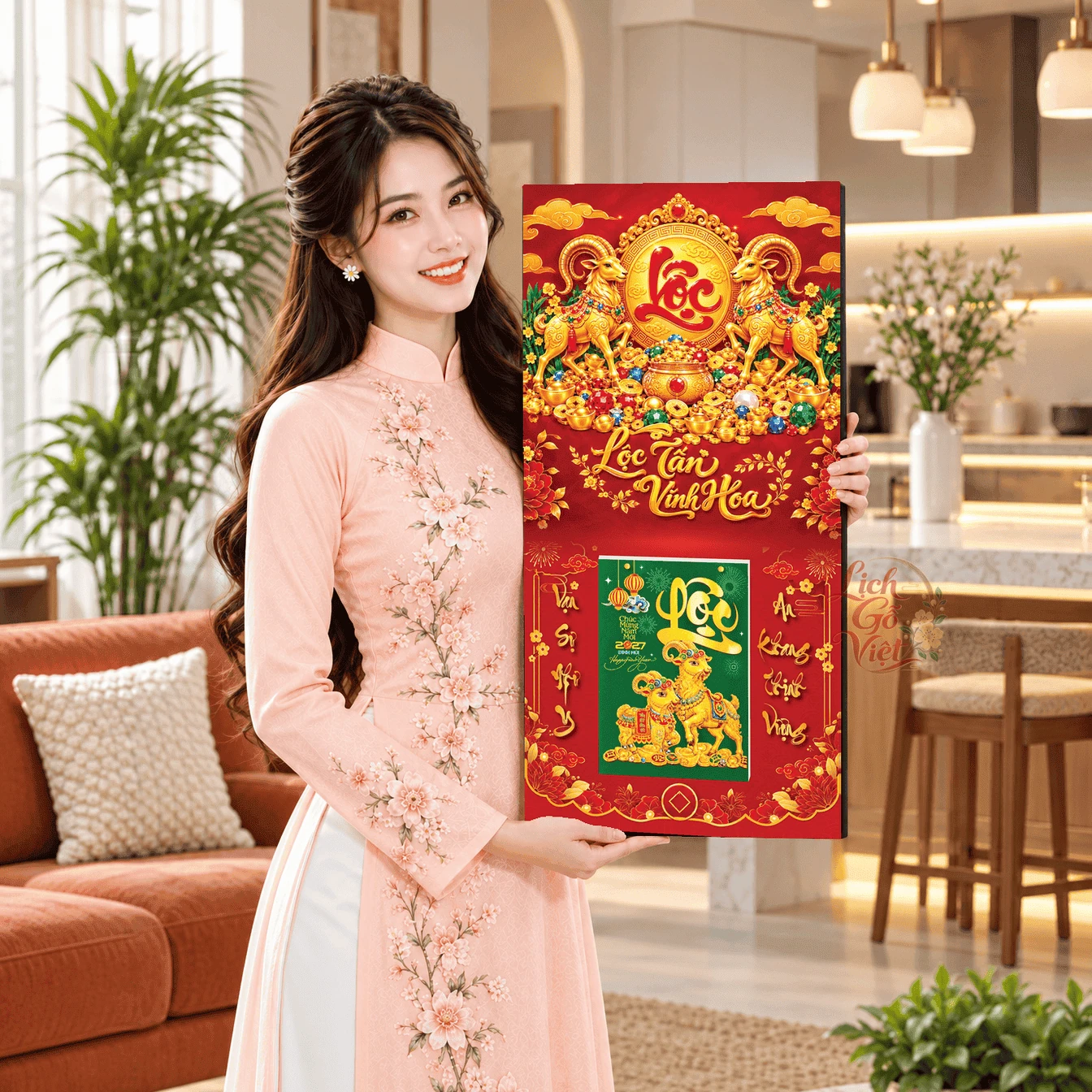 Lịch gỗ tráng gương 2027 30×60 cm Chữ Lộc Lộc Tài Như Ý LGV27T3-05 — ảnh 3