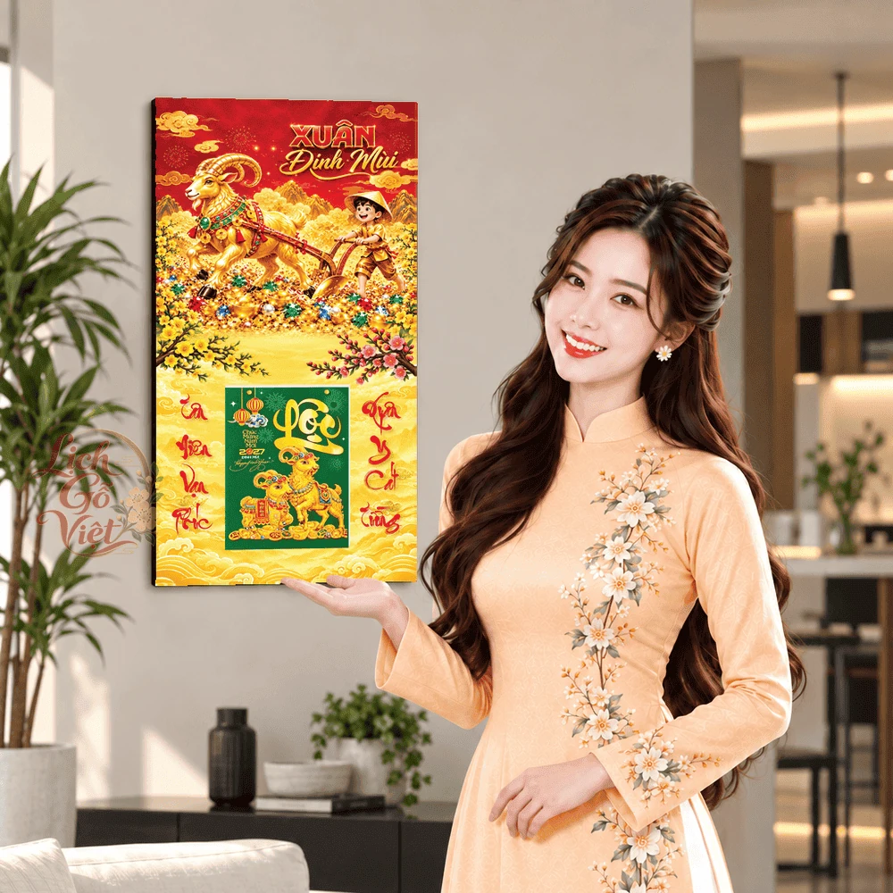 Lịch gỗ tráng gương 2027 30×60 cm Xuân Đinh Mùi – Dê Vàng Khai Xuân LGV27T3-08 — ảnh 4