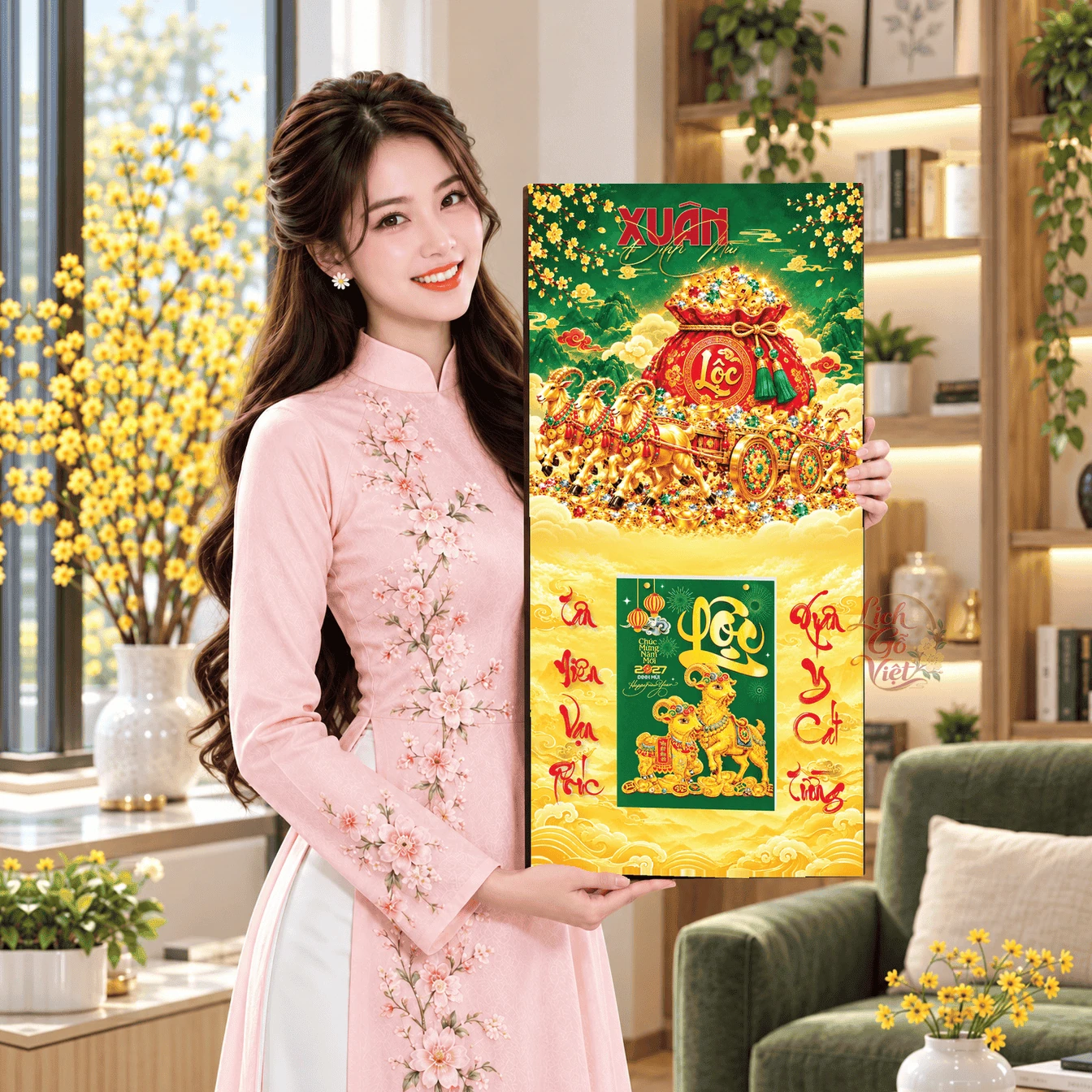 Lịch gỗ tráng gương 2027 30×60 cm Chữ Lộc Đón Xuân LGV27T3-09 — ảnh 4