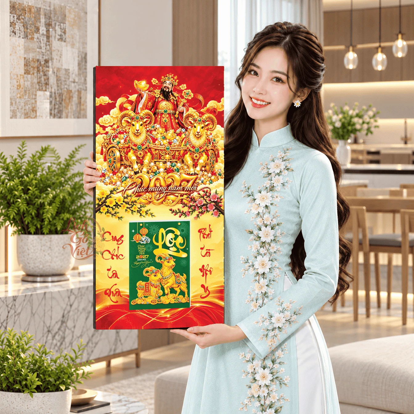 Lịch gỗ tráng gương 2027 30×60 cm Thần Tài LGV27T3-10 — ảnh 3