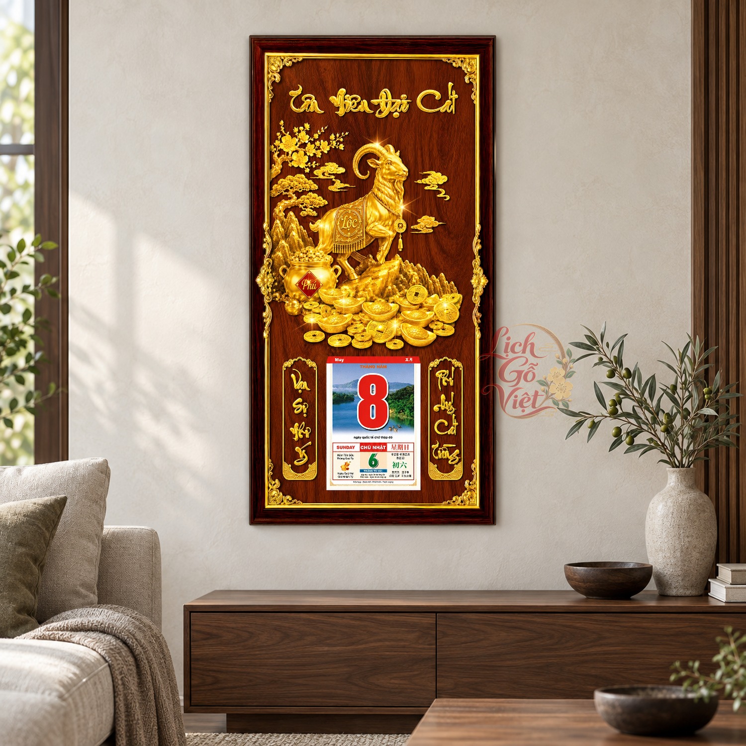 Lịch gỗ treo tường 2027 Kim Dương Phú Lộc Nền Gỗ 39×79 cm – LGV27AK-04 — ảnh 2