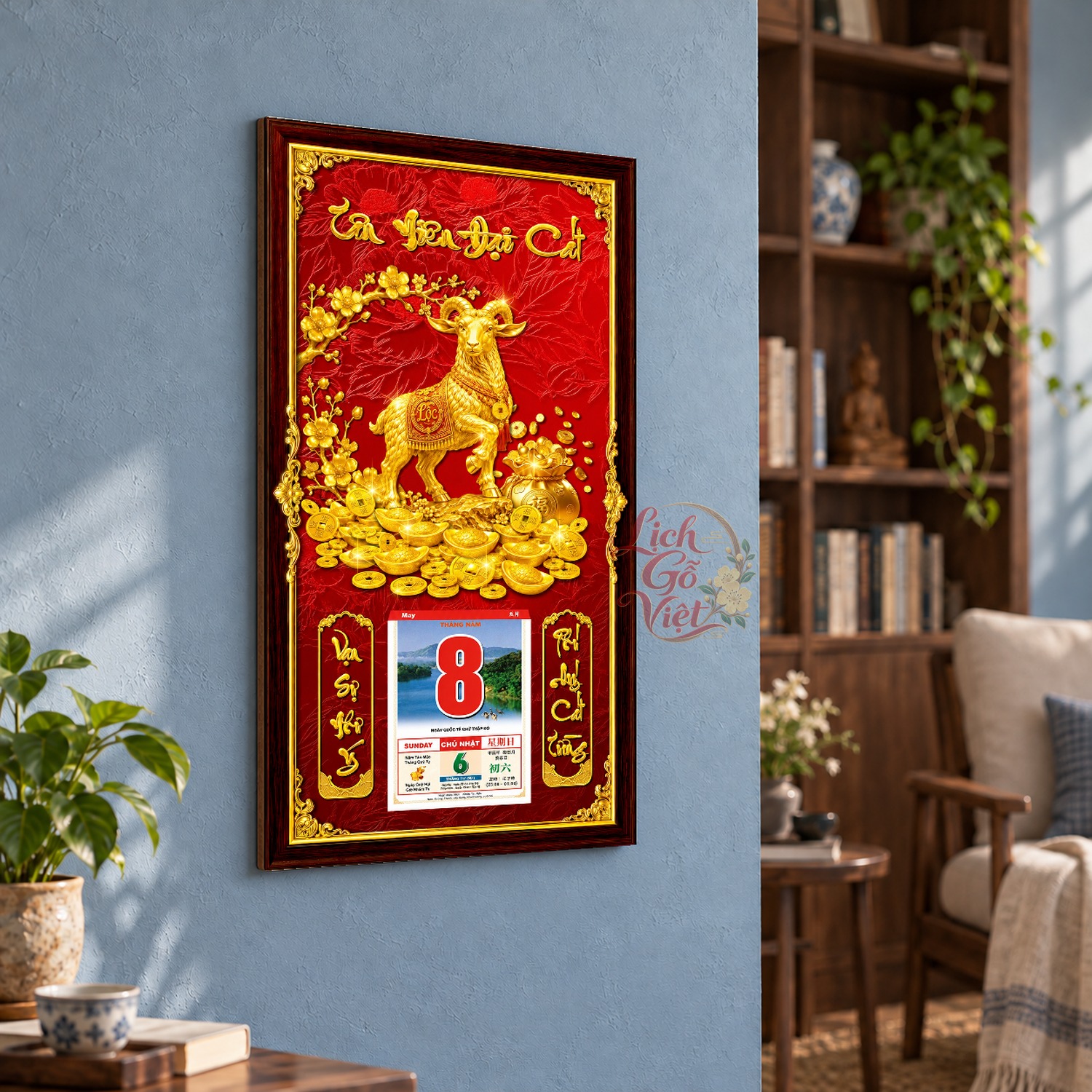 Lịch gỗ treo tường 2027 Kim Dương Hoa Khai Nền Đỏ 39×79 cm – LGV27AK-05 — ảnh 3
