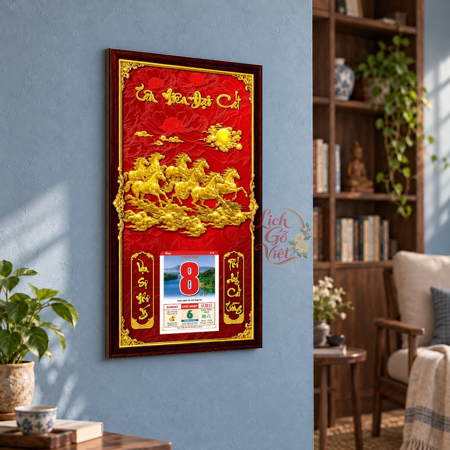 Lịch gỗ treo tường Tuấn Mã Khởi Hành Nền Đỏ 39×79 cm – LGV27AK-09 — ảnh 3