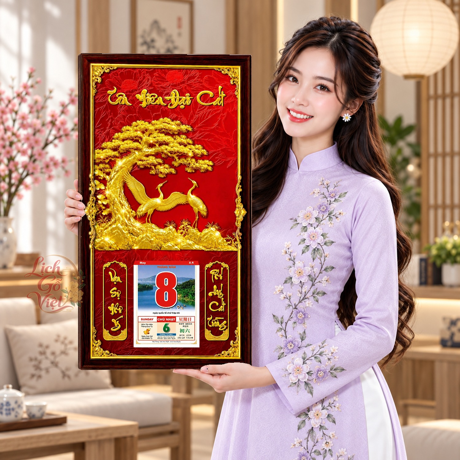 Lịch gỗ treo tường Chim Hạc Vàng Dưới Tán Tùng Nền Đỏ 39×79 cm – LGV27AK-11 — ảnh 4