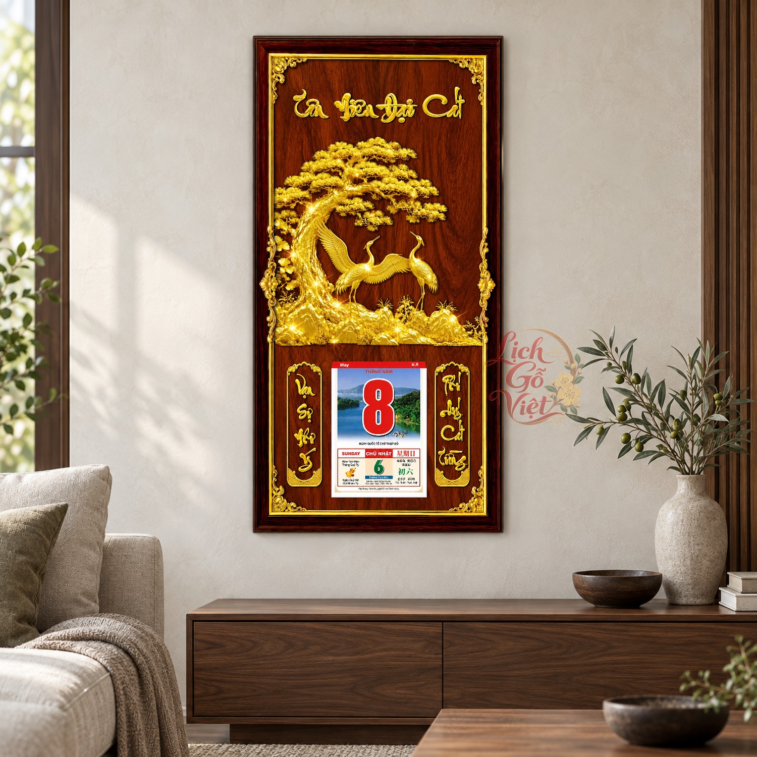 Lịch gỗ treo tường Chim Hạc Vàng Dưới Tán Tùng Nền Gỗ 39×79 cm – LGV27AK-12 — ảnh 2