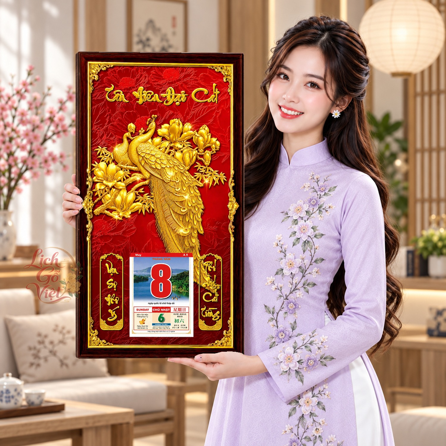 Lịch gỗ treo tường Khổng Tước Hoa Xuân Nền Đỏ 39×79 cm – LGV27AK-13 — ảnh 4