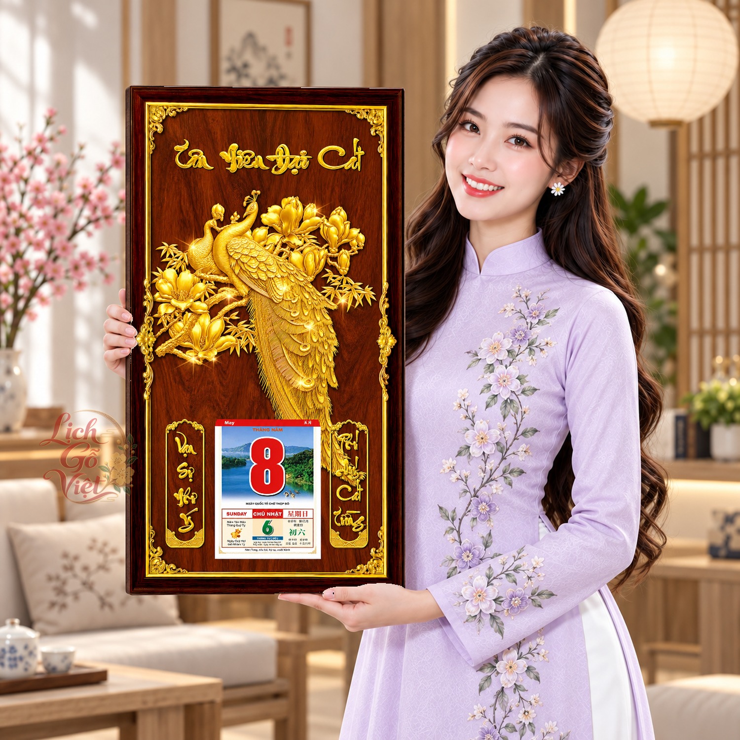Lịch gỗ treo tường Khổng Tước Hoa Xuân Nền Gỗ 39×79 cm – LGV27AK-14 — ảnh 4