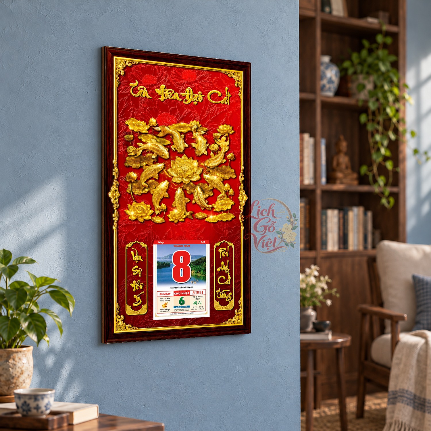 Lịch gỗ treo tường Cá Chép Quần Hội Nền Đỏ 39×79 cm – LGV27AK-15 — ảnh 3