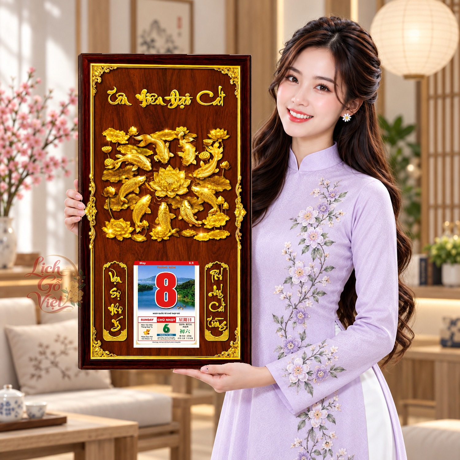 Lịch gỗ treo tường Cá Chép Quần Hội Nền Gỗ 39×79 cm – LGV27AK-16 — ảnh 4