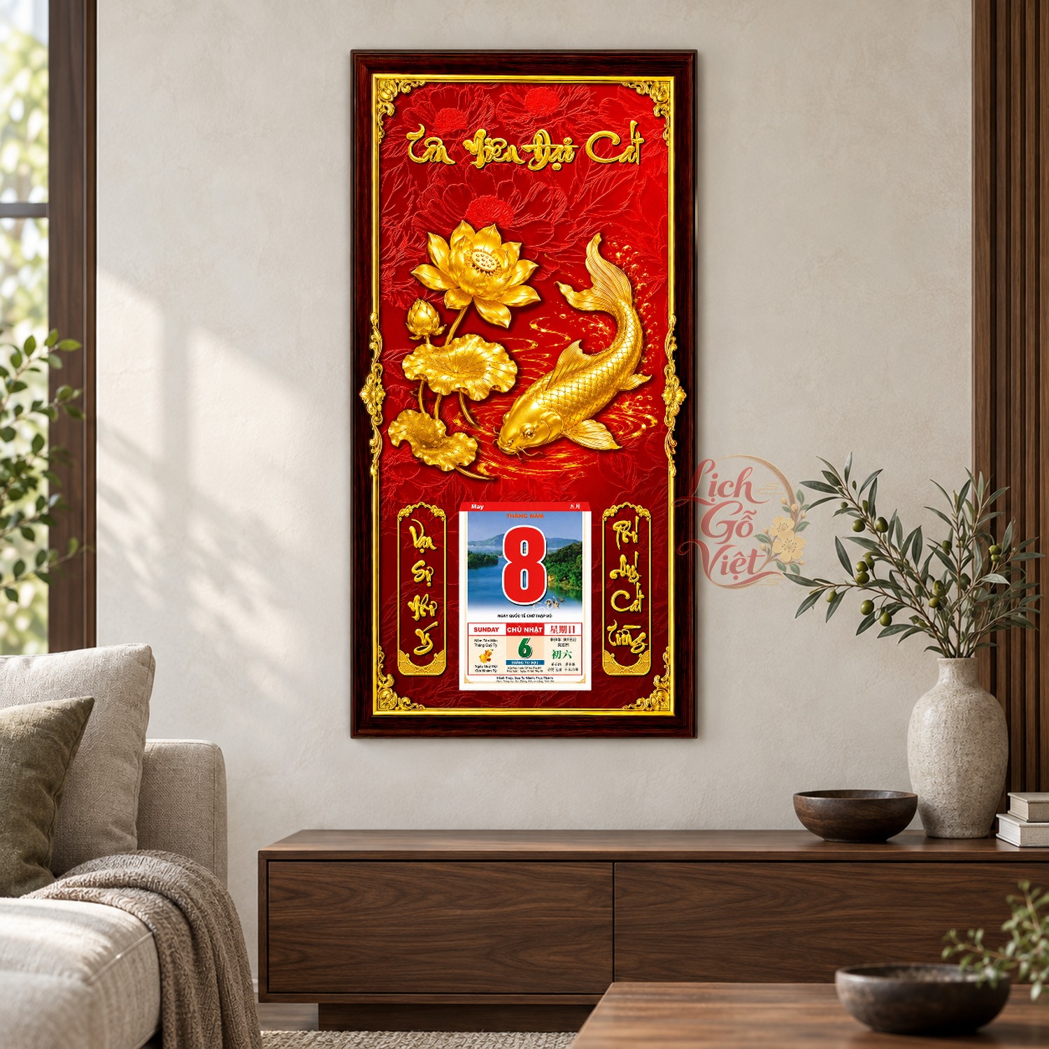 Lịch gỗ treo tường Liên Hoa Ngư Nền Đỏ 39×79 cm – LGV27AK-19 — ảnh 2