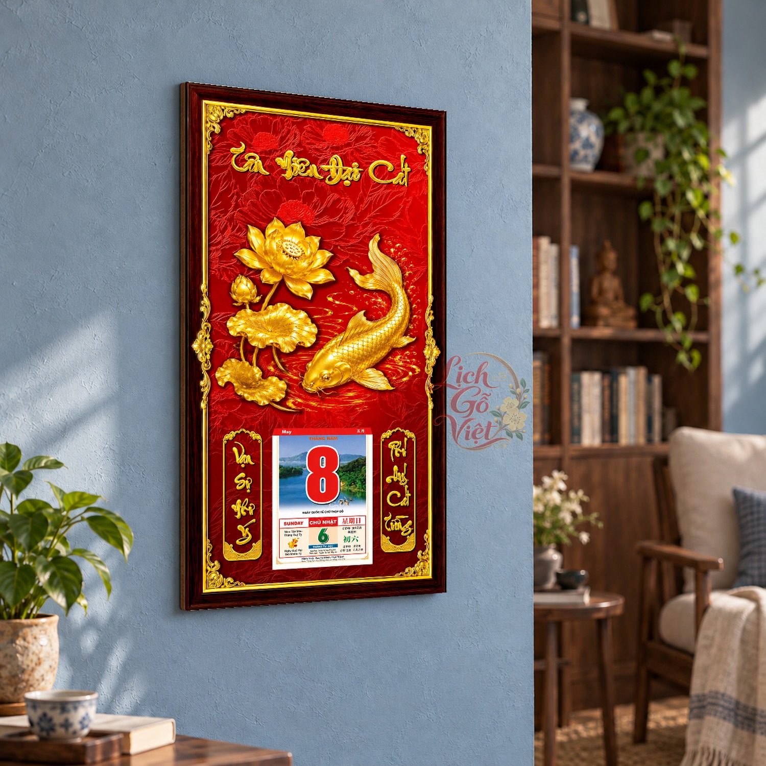 Lịch gỗ treo tường Liên Hoa Ngư Nền Đỏ 39×79 cm – LGV27AK-19 — ảnh 3