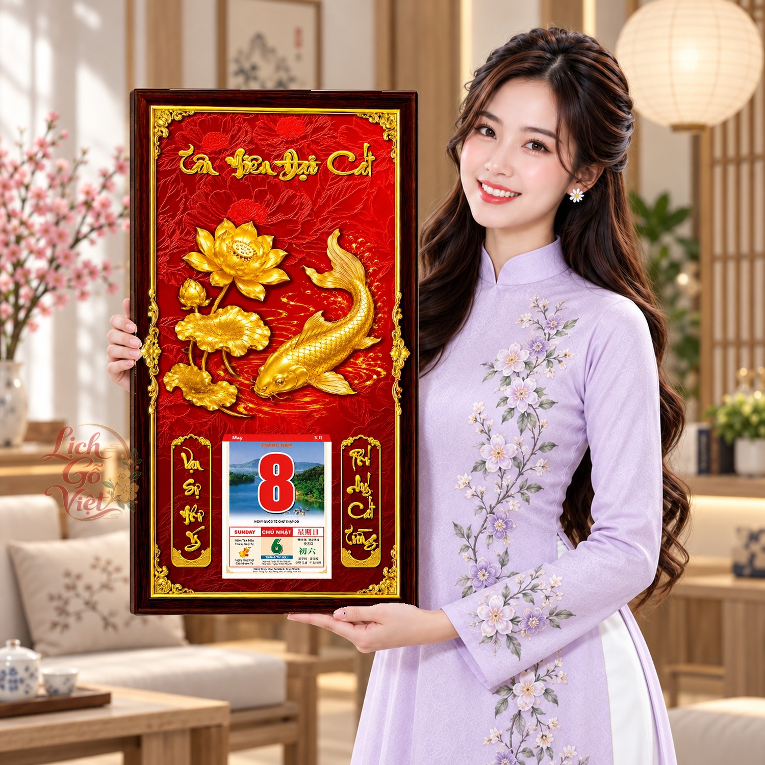 Lịch gỗ treo tường Liên Hoa Ngư Nền Đỏ 39×79 cm – LGV27AK-19 — ảnh 4