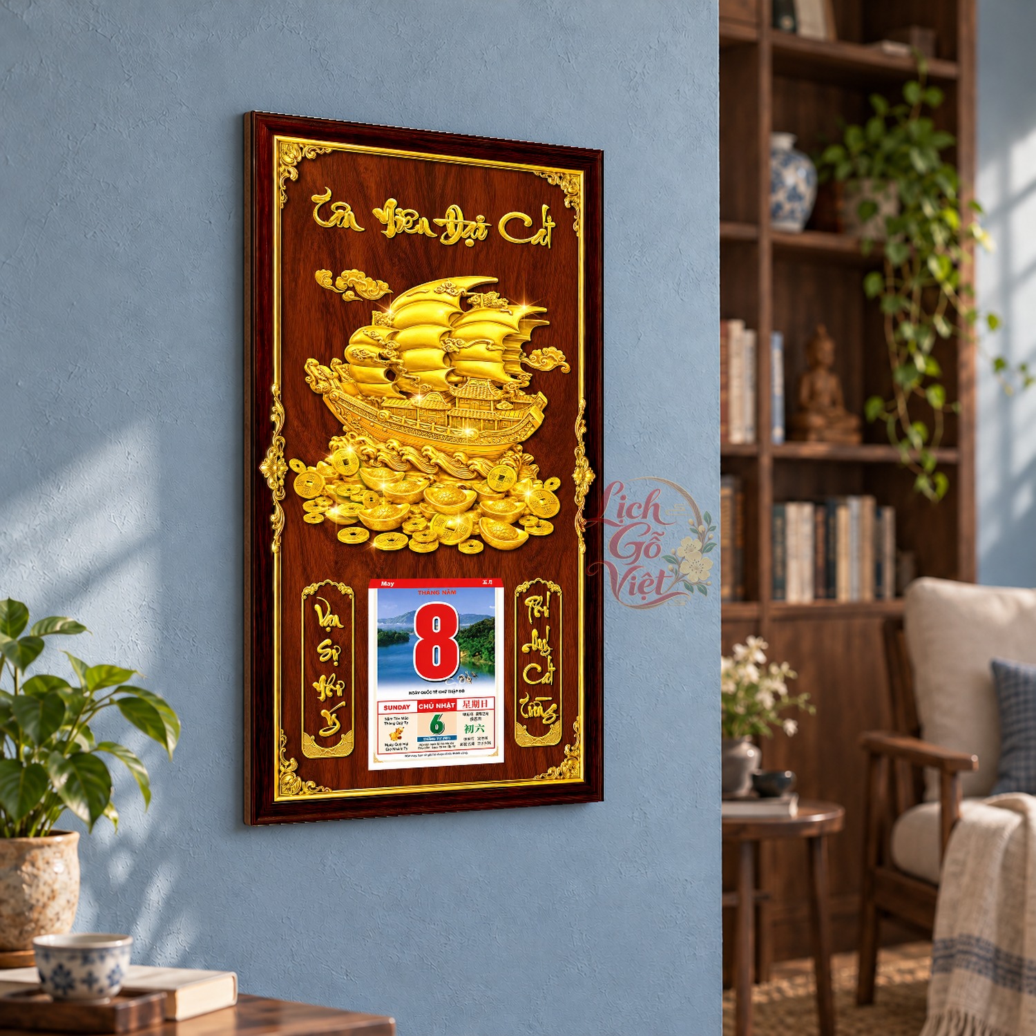 Lịch gỗ treo tường Thuyền Vàng Ra Khơi Nền Gỗ 39×79 cm – LGV27AK-25 — ảnh 3