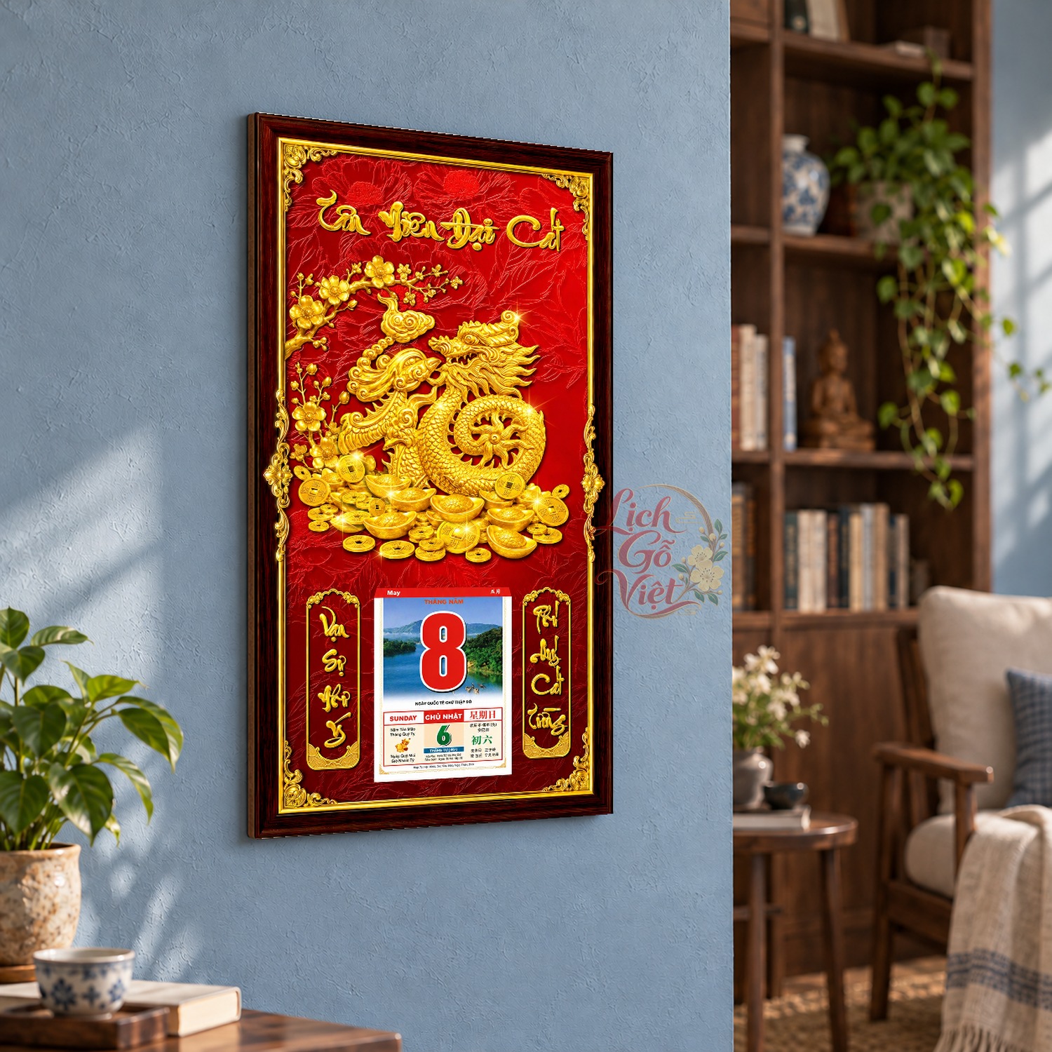 Lịch gỗ treo tường Kim Long Vân Hội Nền Đỏ 39×79 cm – LGV27AK-31 — ảnh 3