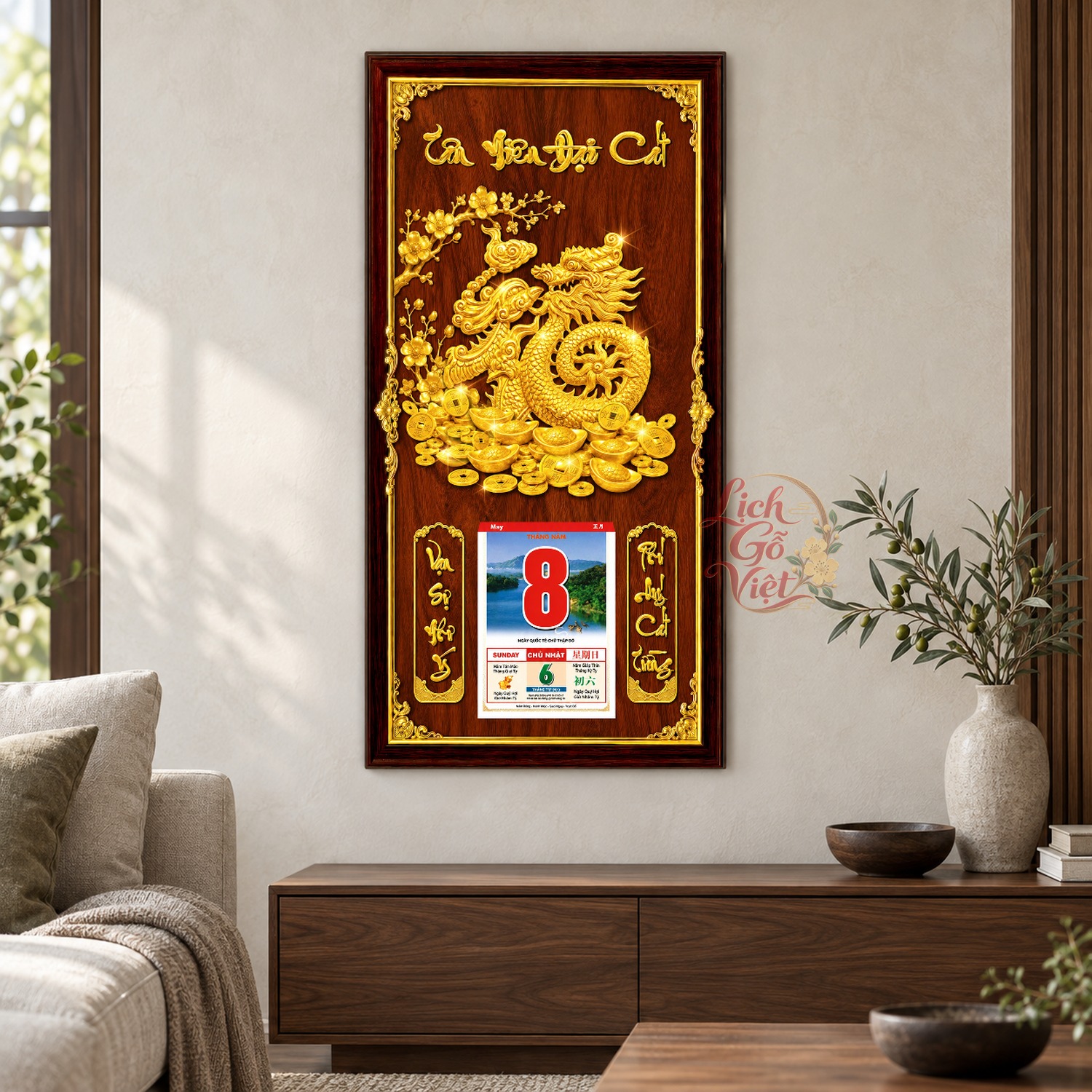 Lịch gỗ treo tường Kim Long Vân Hội Nền Gỗ 39×79 cm – LGV27AK-32 — ảnh 2