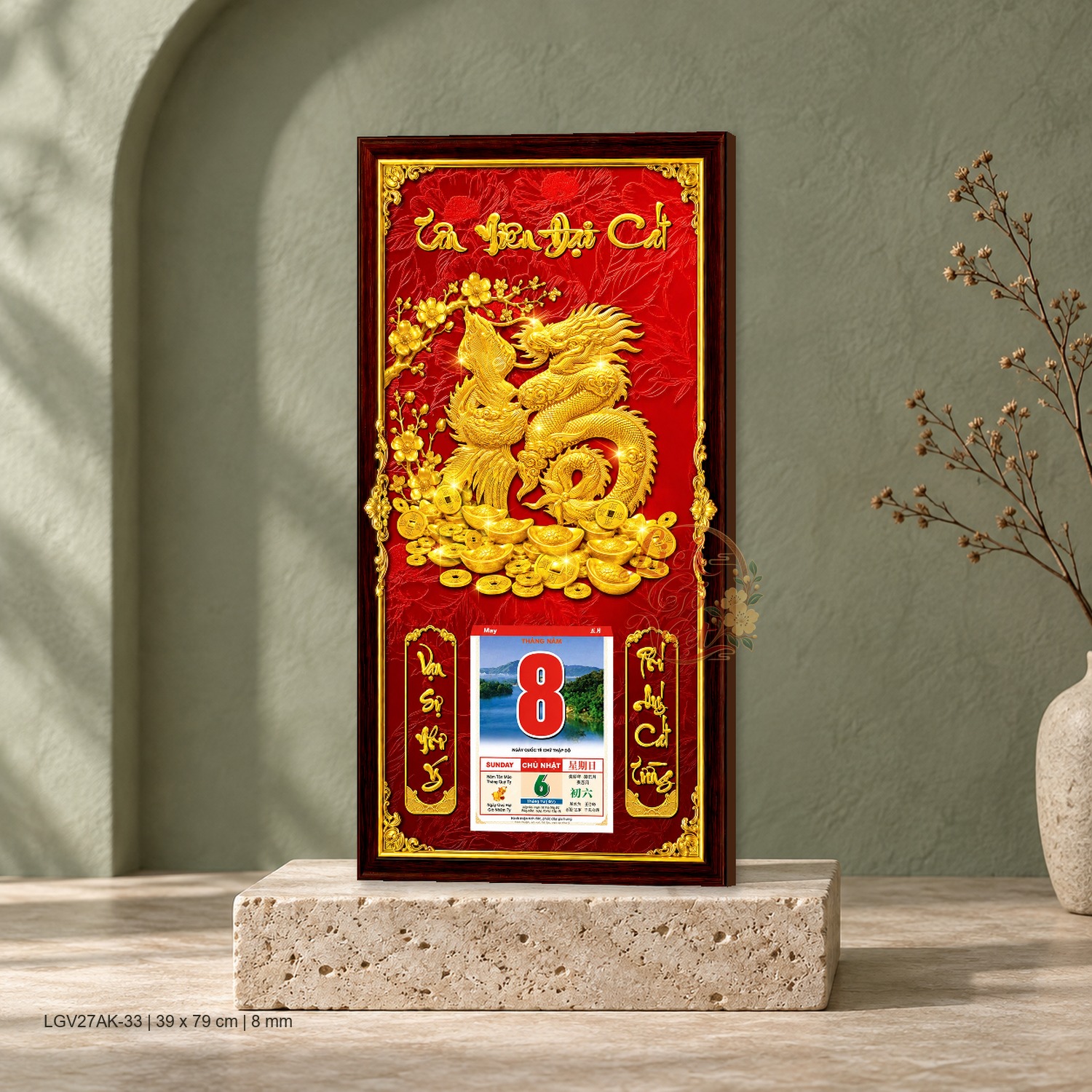 Lịch gỗ treo tường Kim Long Cát Tường Nền Đỏ 39×79 cm – LGV27AK-33
