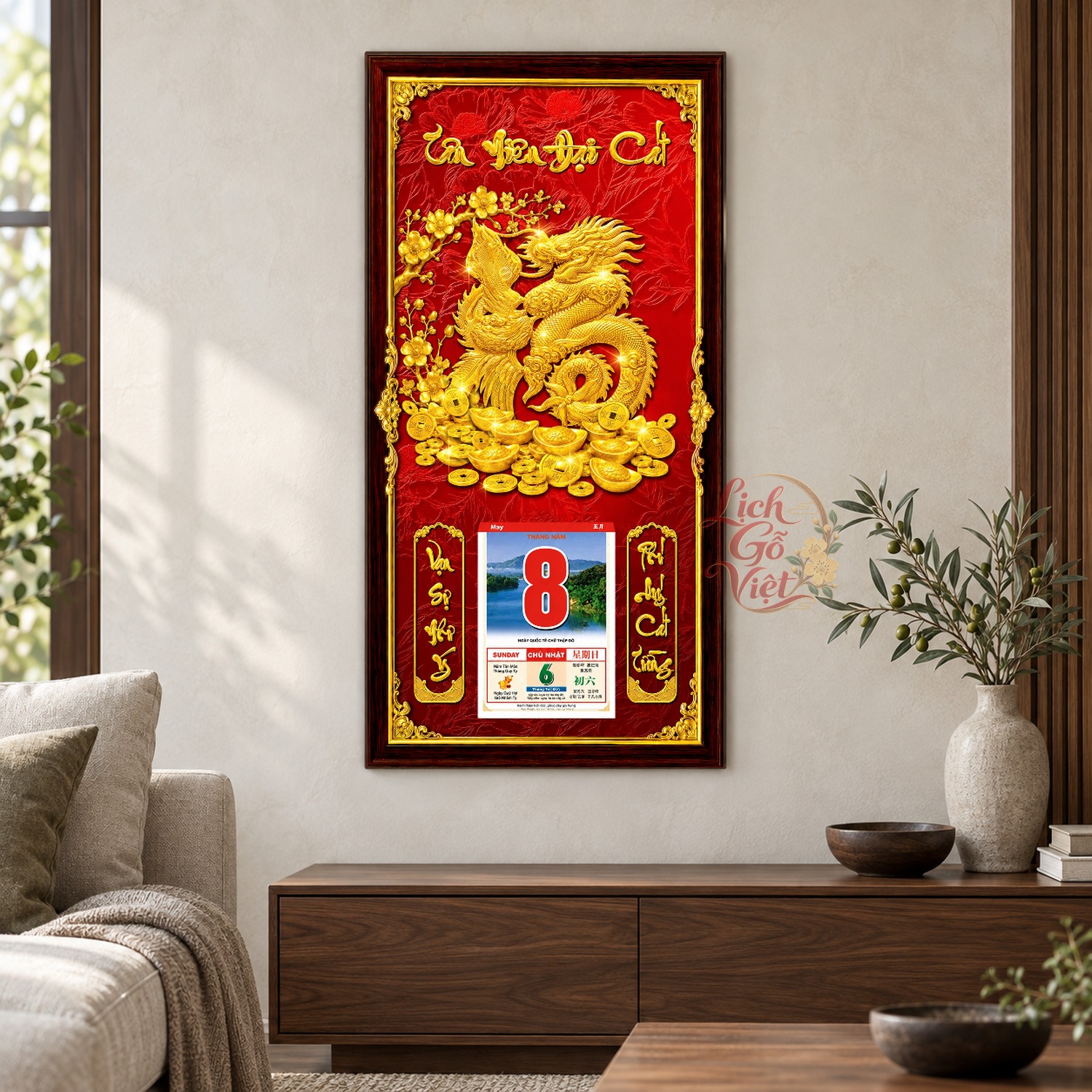 Lịch gỗ treo tường Kim Long Cát Tường Nền Đỏ 39×79 cm – LGV27AK-33 — ảnh 2