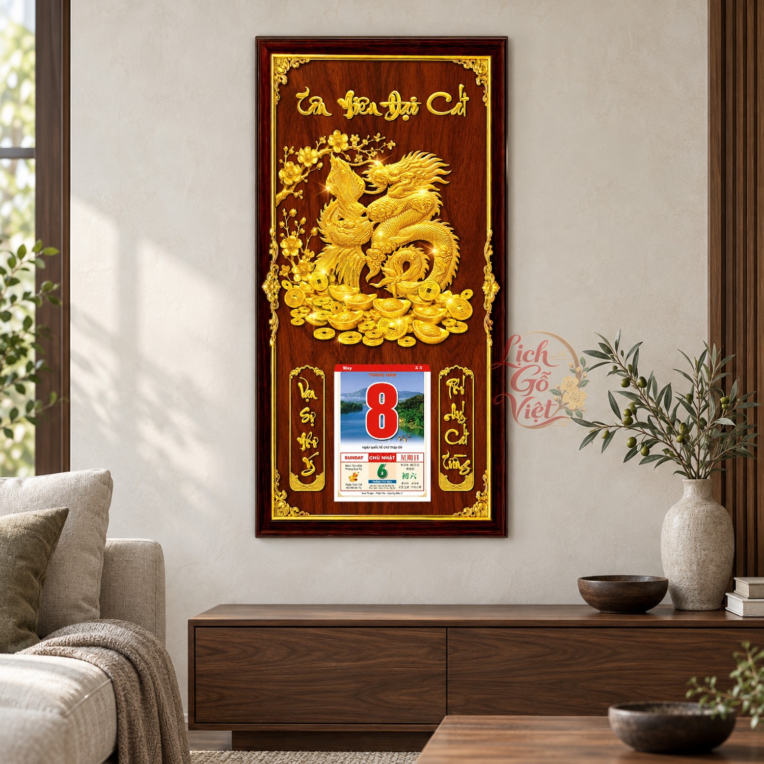Lịch gỗ treo tường Kim Long Cát Tường Nền Gỗ 39×79 cm – LGV27AK-34 — ảnh 2