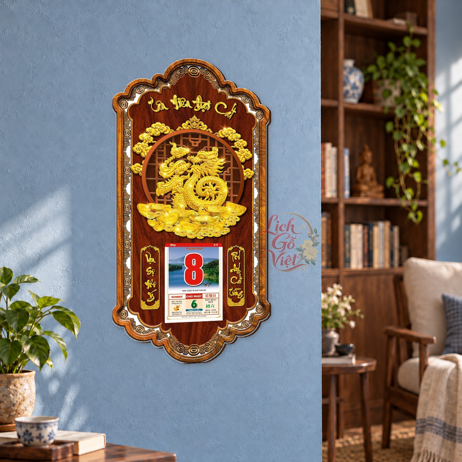 Lịch gỗ treo tường Kim Long Vân Hội Khung Lượn 39×79 cm – LGV27AK-35 — ảnh 3
