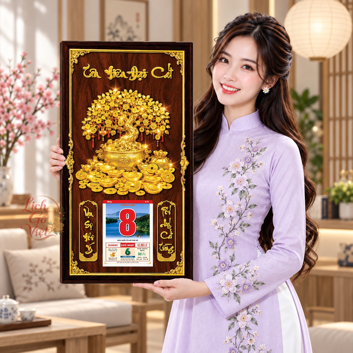 Lịch gỗ treo tường Kim Thụ Viên Mãn Nền Gỗ 39×79 cm – LGV27AK-37 — ảnh 4
