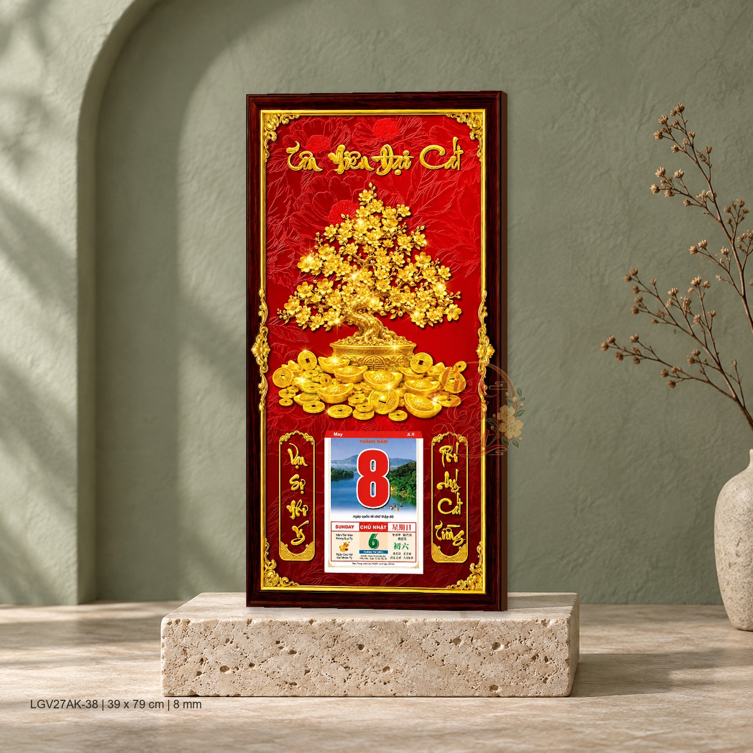 Lịch gỗ treo tường Kim Thụ Phú Quý Nền Đỏ 39×79 cm – LGV27AK-38