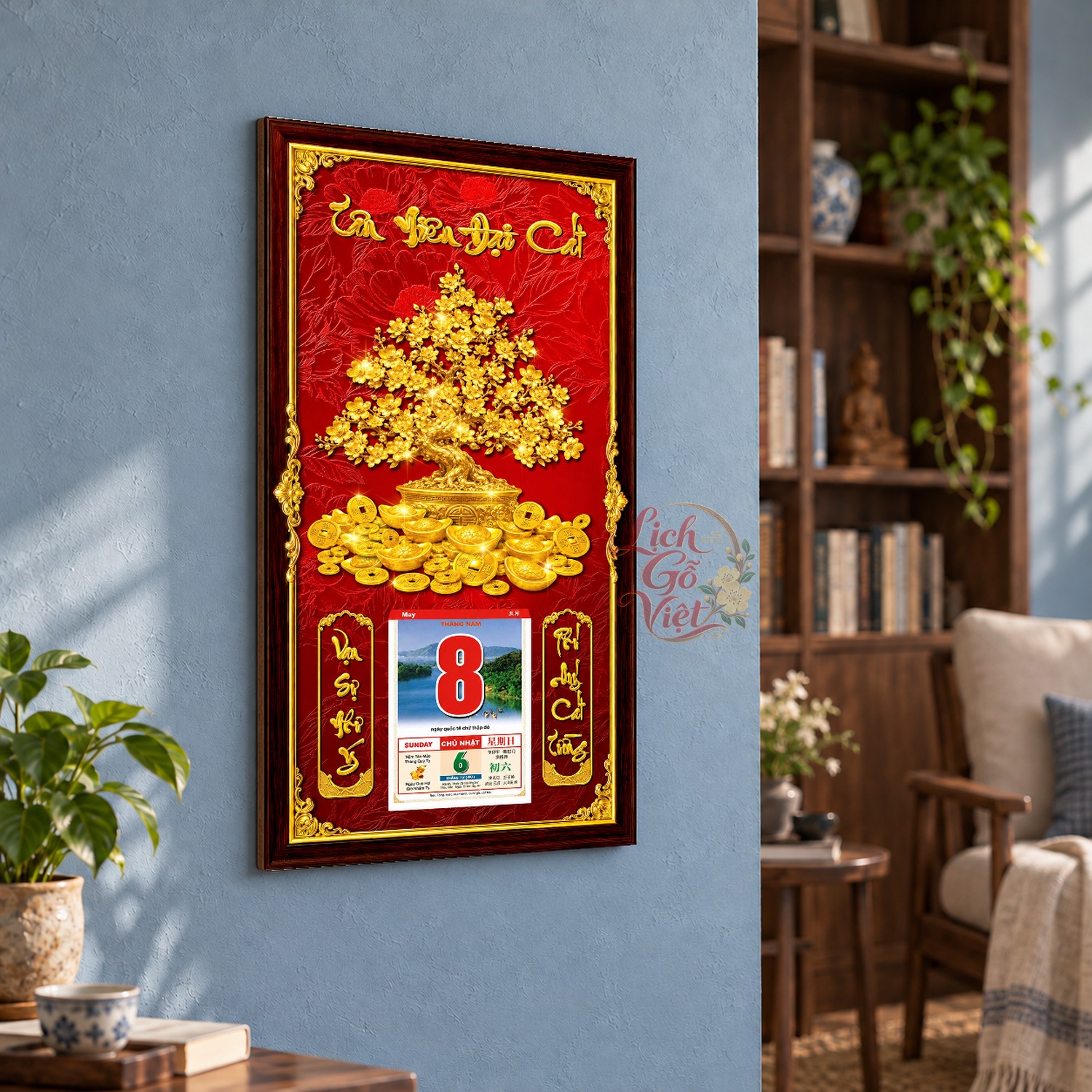 Lịch gỗ treo tường Kim Thụ Phú Quý Nền Đỏ 39×79 cm – LGV27AK-38 — ảnh 3