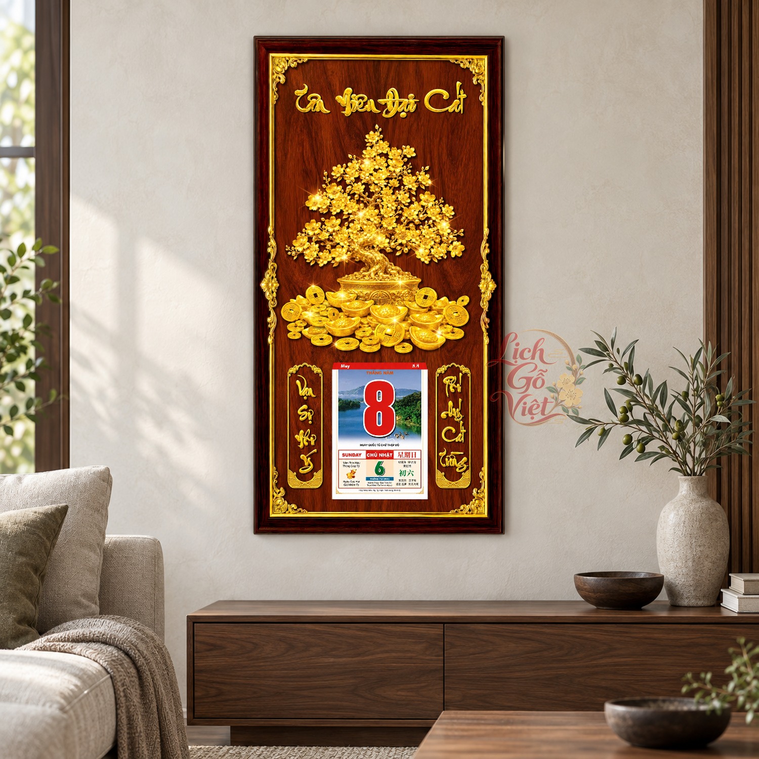 Lịch gỗ treo tường Kim Thụ Phú Quý Nền Gỗ 39×79 cm – LGV27AK-39 — ảnh 2