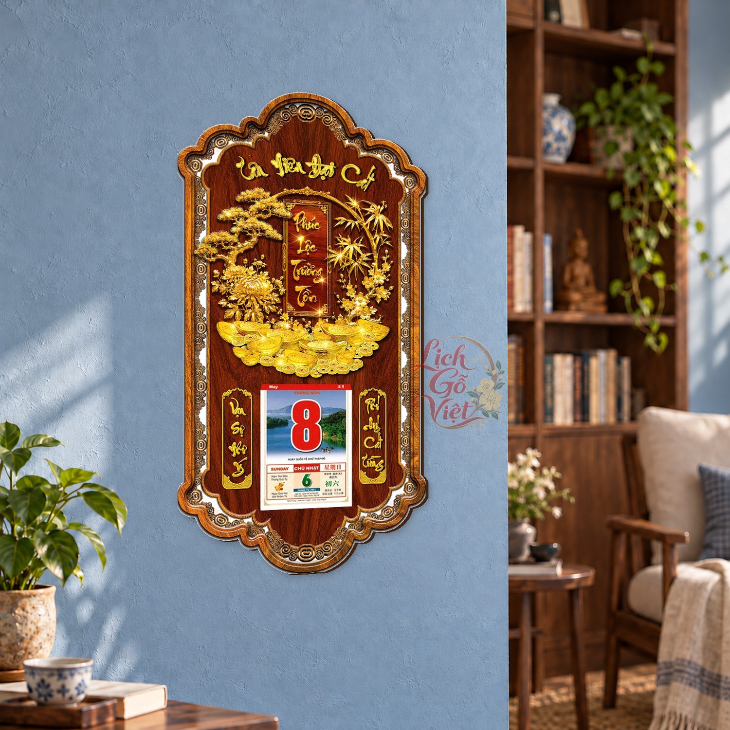 Lịch gỗ treo tường Tùng Trúc An Hòa Khung Lượn 39×79 cm – LGV27AK-43 — ảnh 3