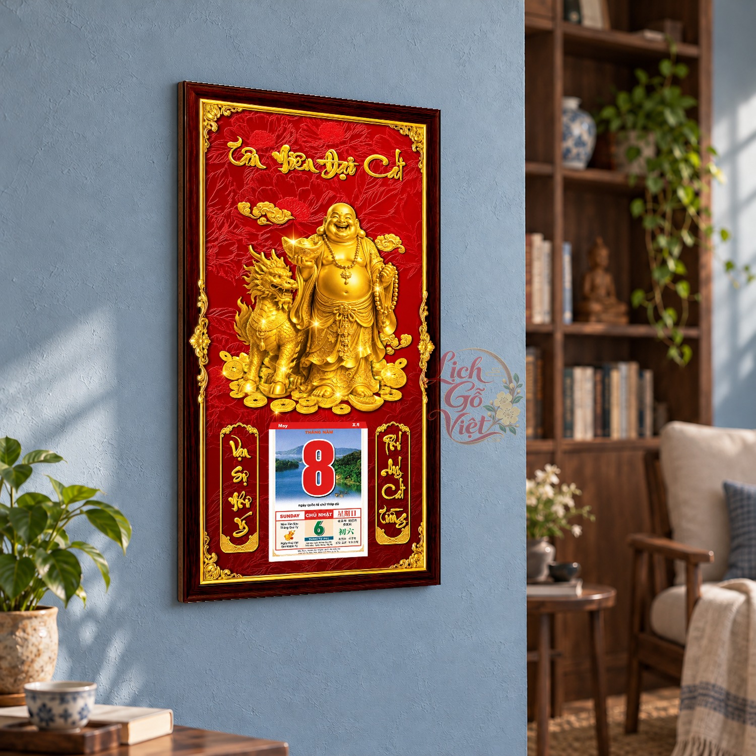 Lịch gỗ treo tường Di Lặc Du Xuân Nền Đỏ 39×79 cm – LGV27AK-54 — ảnh 3
