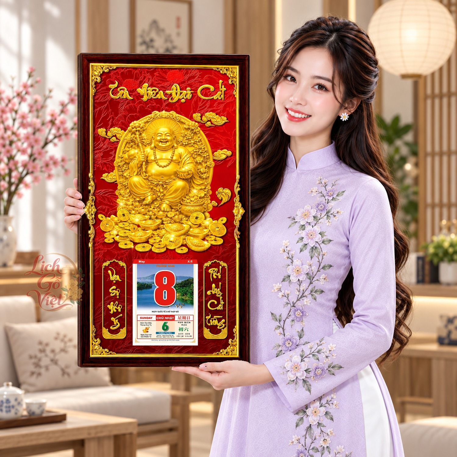 Lịch gỗ treo tường Di Lặc Phúc Viên Nền Đỏ 39×79 cm – LGV27AK-58 — ảnh 4