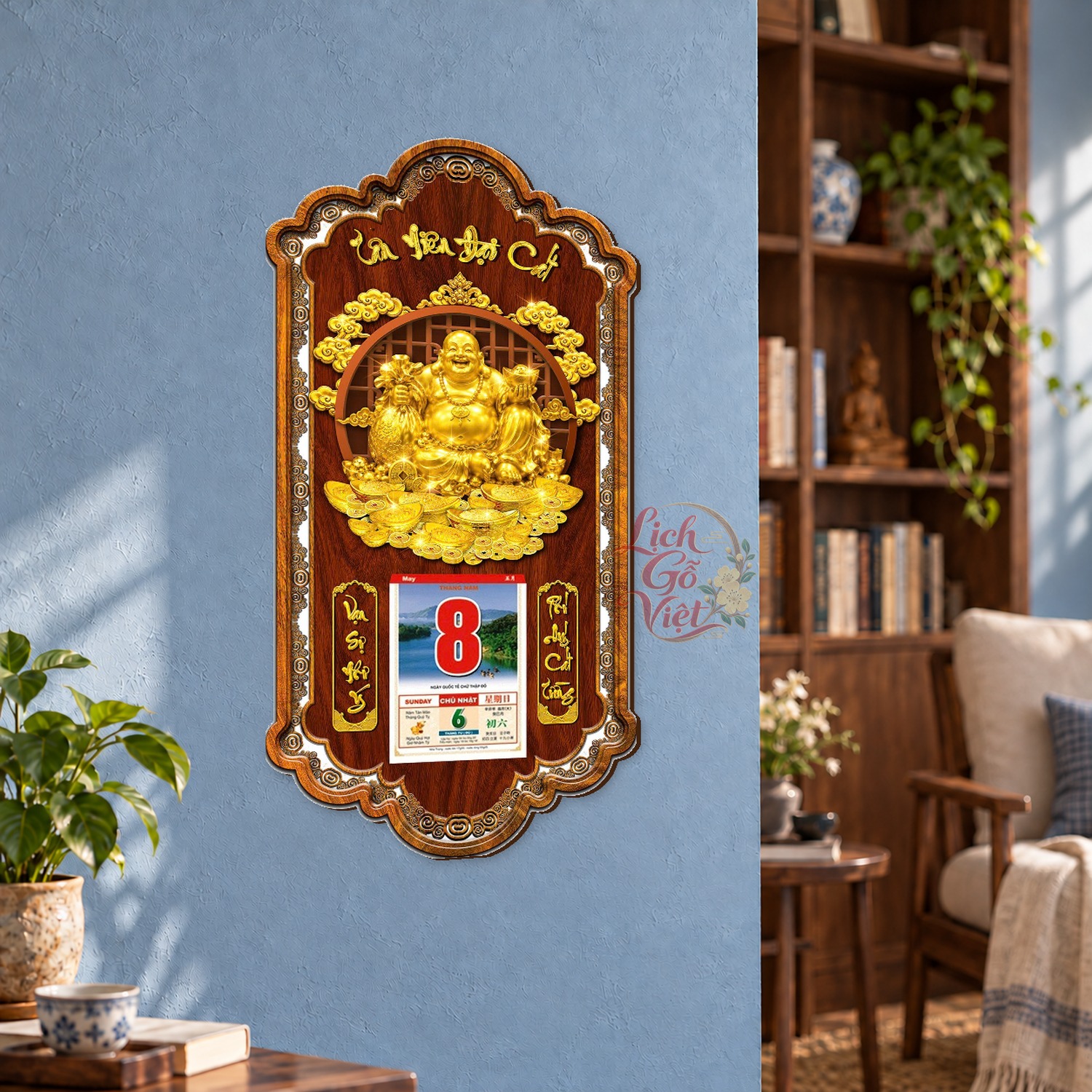 Lịch gỗ treo tường Di Lặc Kim Ngân Khung Lượn 39×79 cm – LGV27AK-62 — ảnh 3