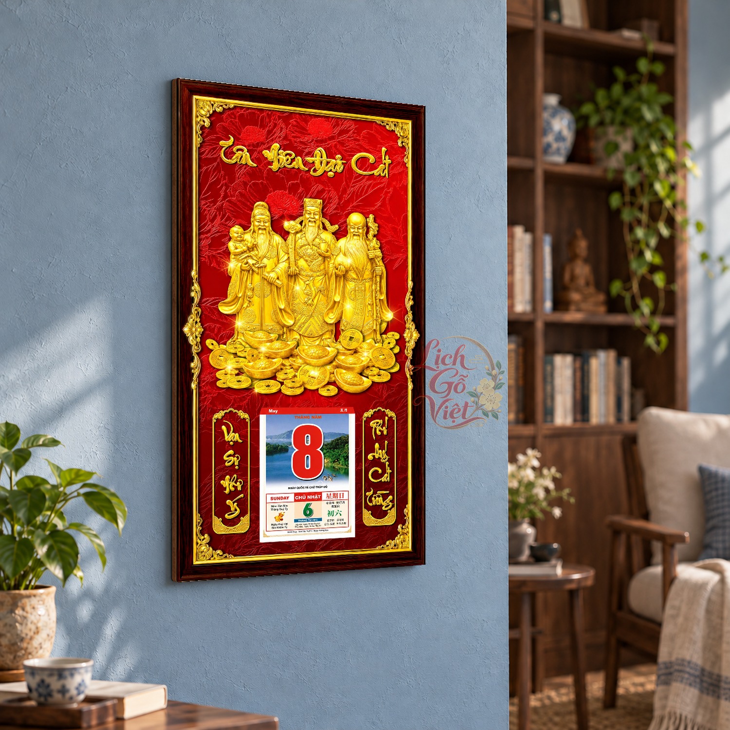 Lịch gỗ treo tường Tam Đa Phúc Hội Nền Đỏ 39×79 cm – LGV27AK-63 — ảnh 3