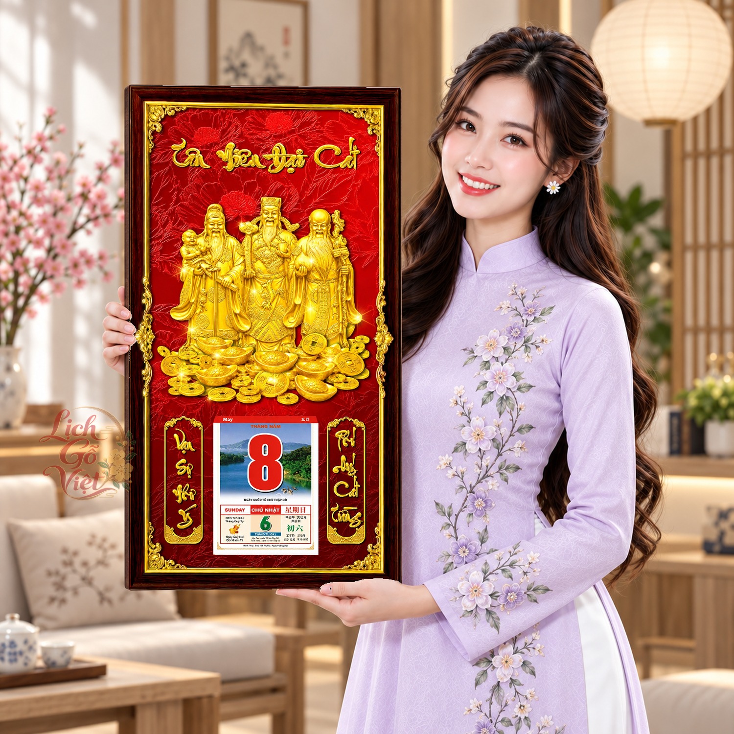 Lịch gỗ treo tường Tam Đa Phúc Hội Nền Đỏ 39×79 cm – LGV27AK-63 — ảnh 4