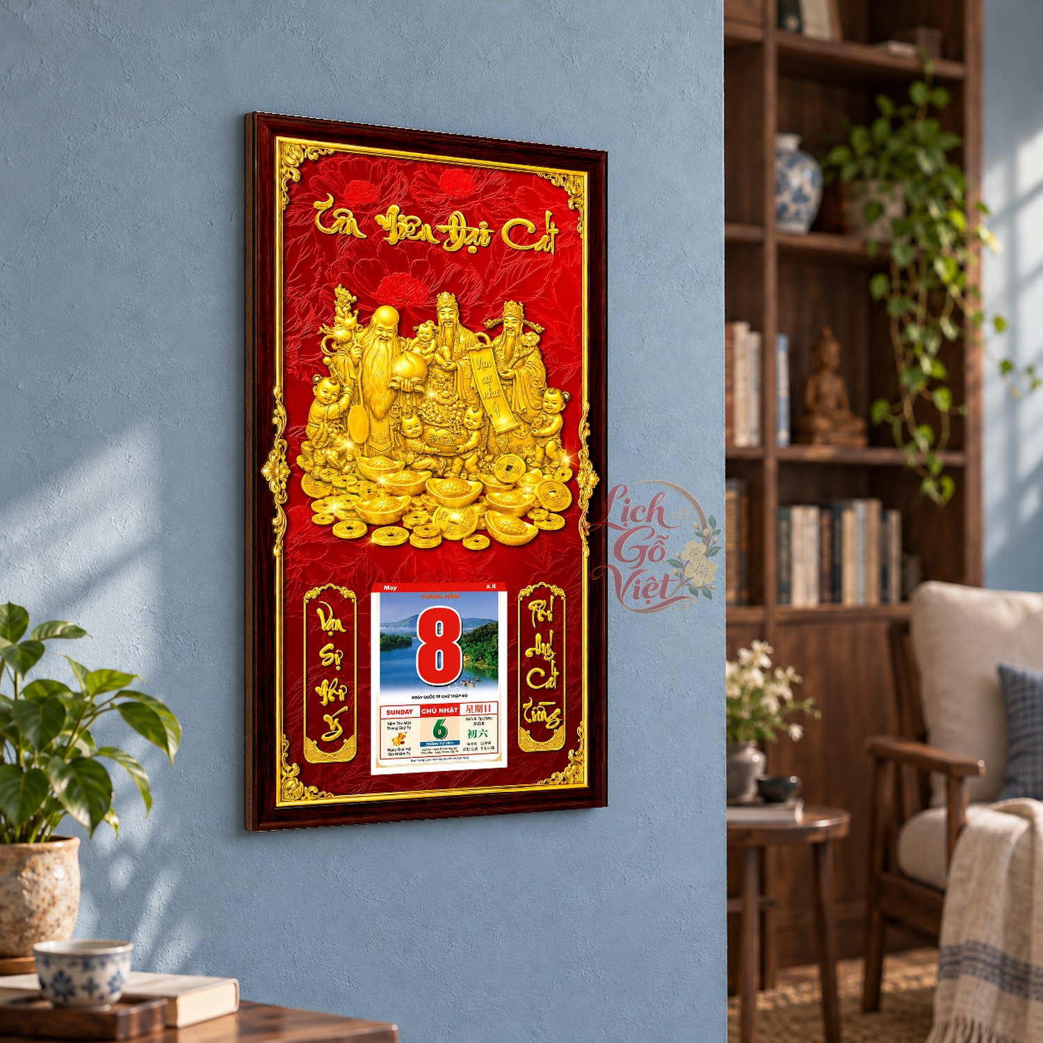 Lịch gỗ treo tường Tam Đa Cát Tường Nền Đỏ 39×79 cm – LGV27AK-65 — ảnh 3