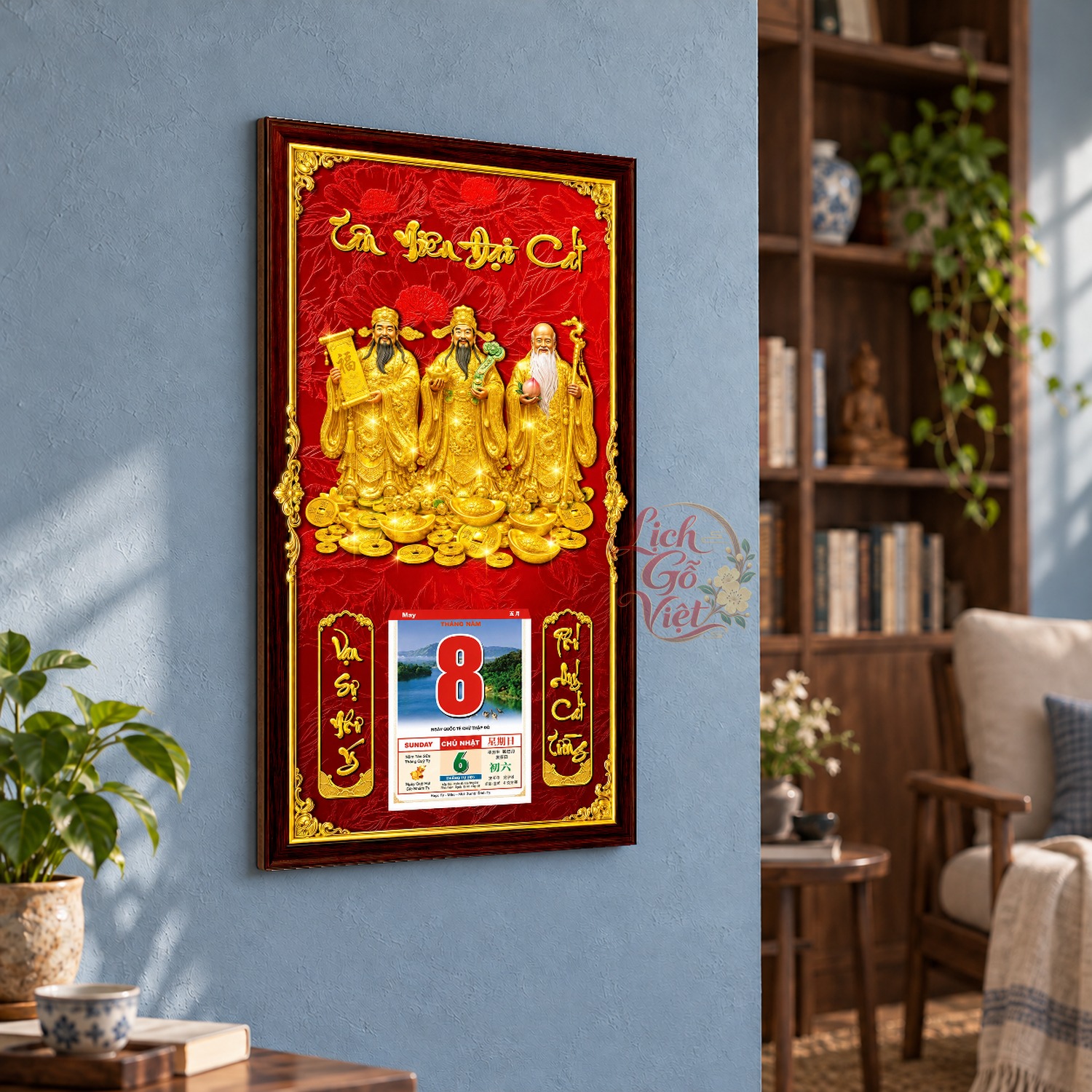 Lịch gỗ treo tường Tam Đa Phúc Lộc Nền Đỏ 39×79 cm – LGV27AK-71 — ảnh 3
