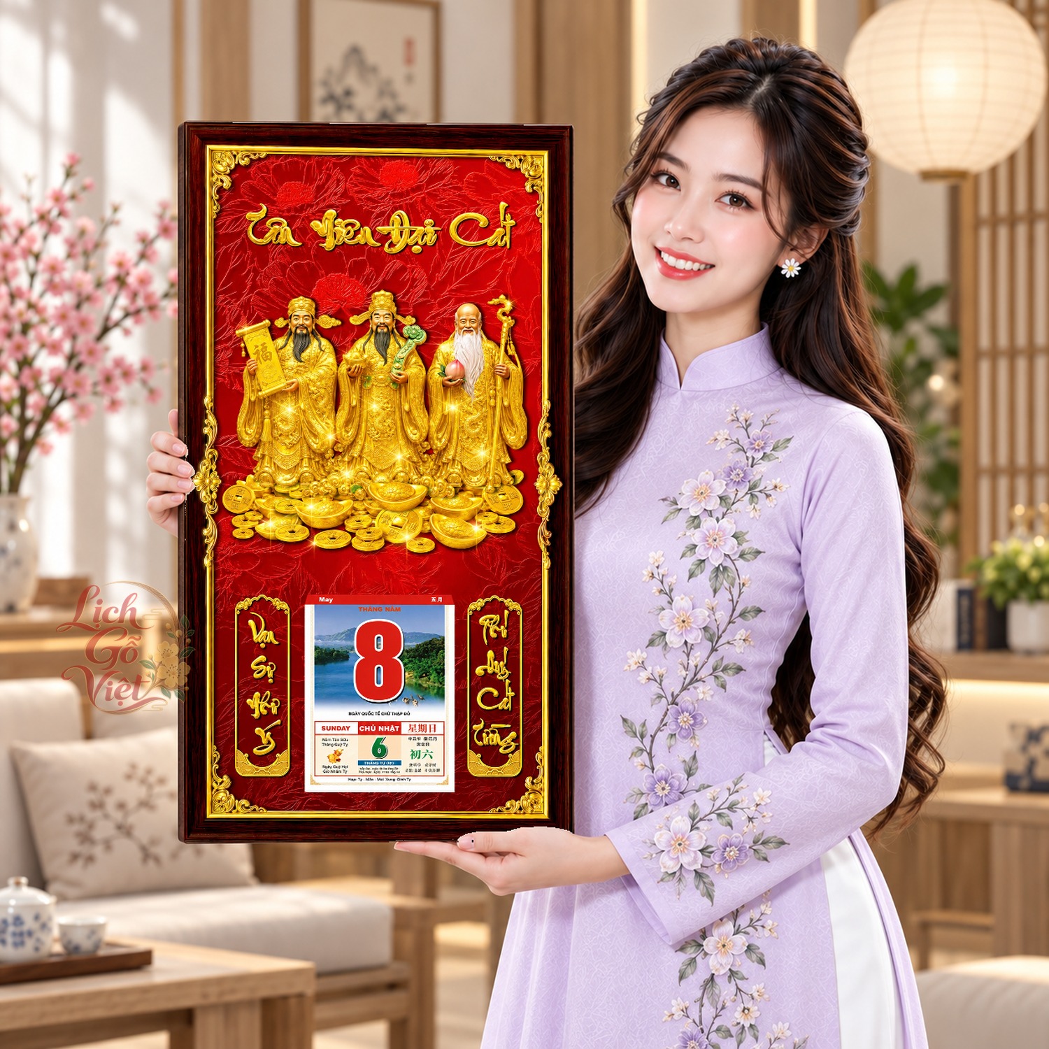 Lịch gỗ treo tường Tam Đa Phúc Lộc Nền Đỏ 39×79 cm – LGV27AK-71 — ảnh 4