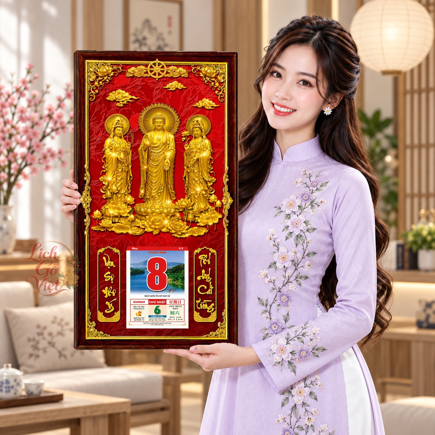 Lịch gỗ treo tường Tam Tôn An Lạc Nền Đỏ 39×79 cm – LGV27AK-89 — ảnh 4