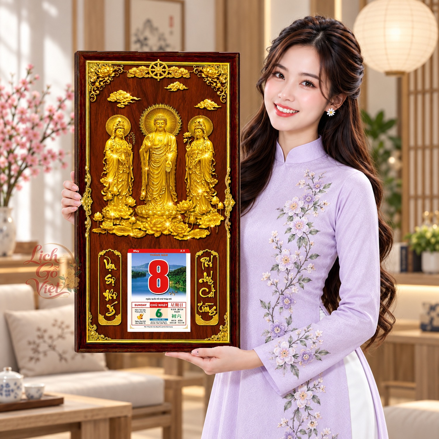 Lịch gỗ treo tường Tam Tôn An Lạc Nền Gỗ 39×79 cm – LGV27AK-90 — ảnh 4