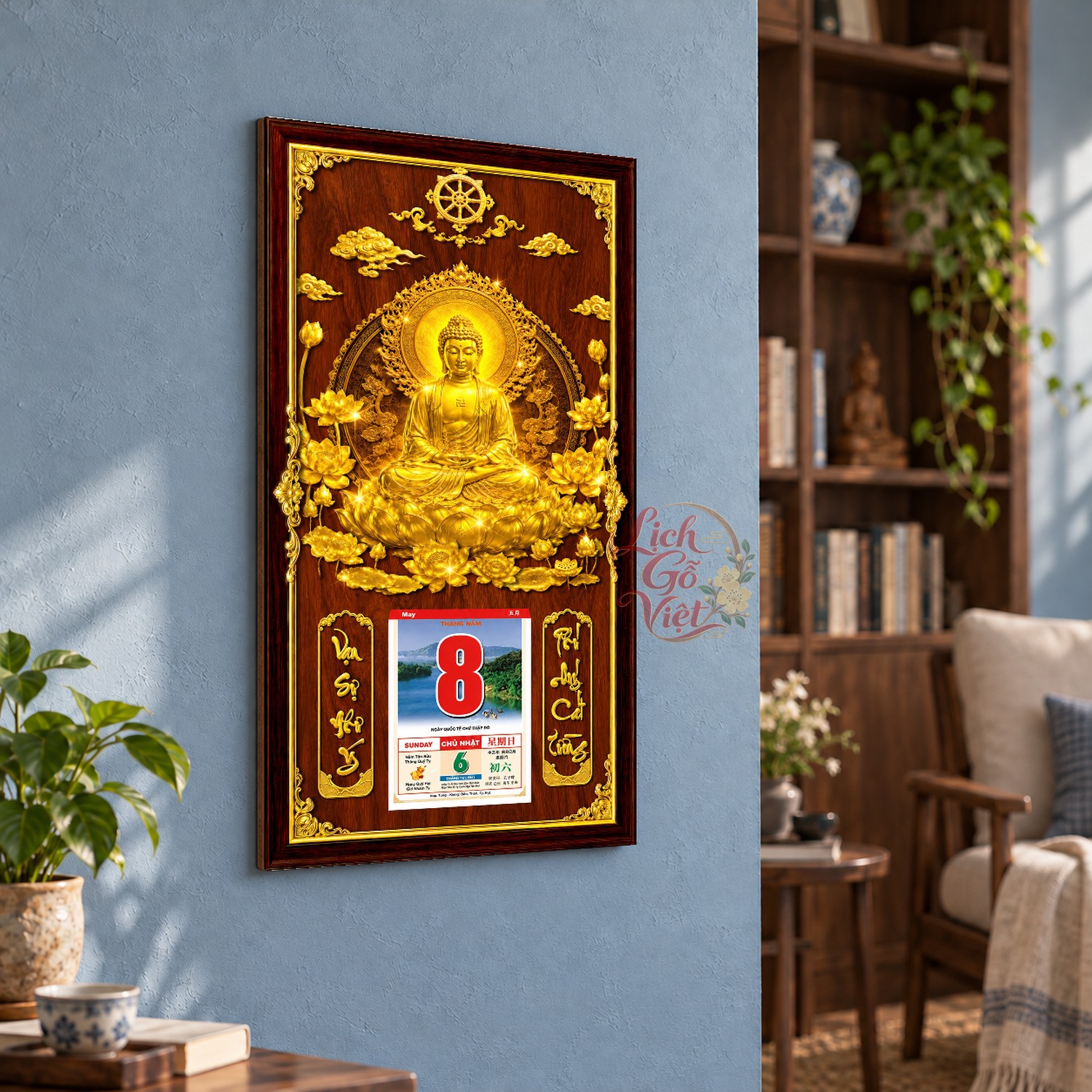 Lịch gỗ treo tường Liên Tọa An Lạc Nền Gỗ 39×79 cm – LGV27AK-92 — ảnh 3