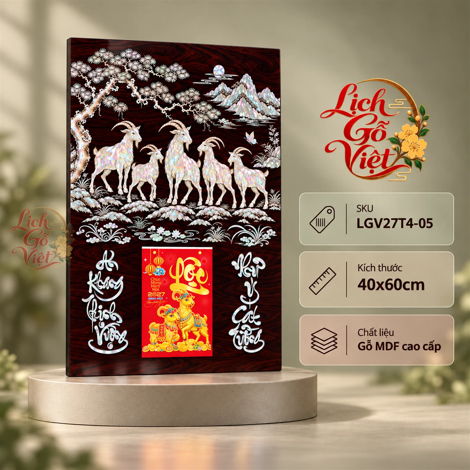 Lịch gỗ tráng gương 40x60cm Ngũ Dương Cát Tường LGV27T4-05
