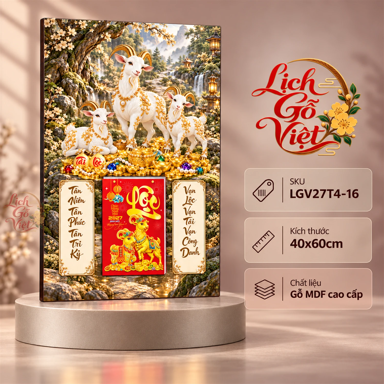 Lịch gỗ tráng gương 40x60cm Tam Dương Ngọc Lộc LGV27T4-16