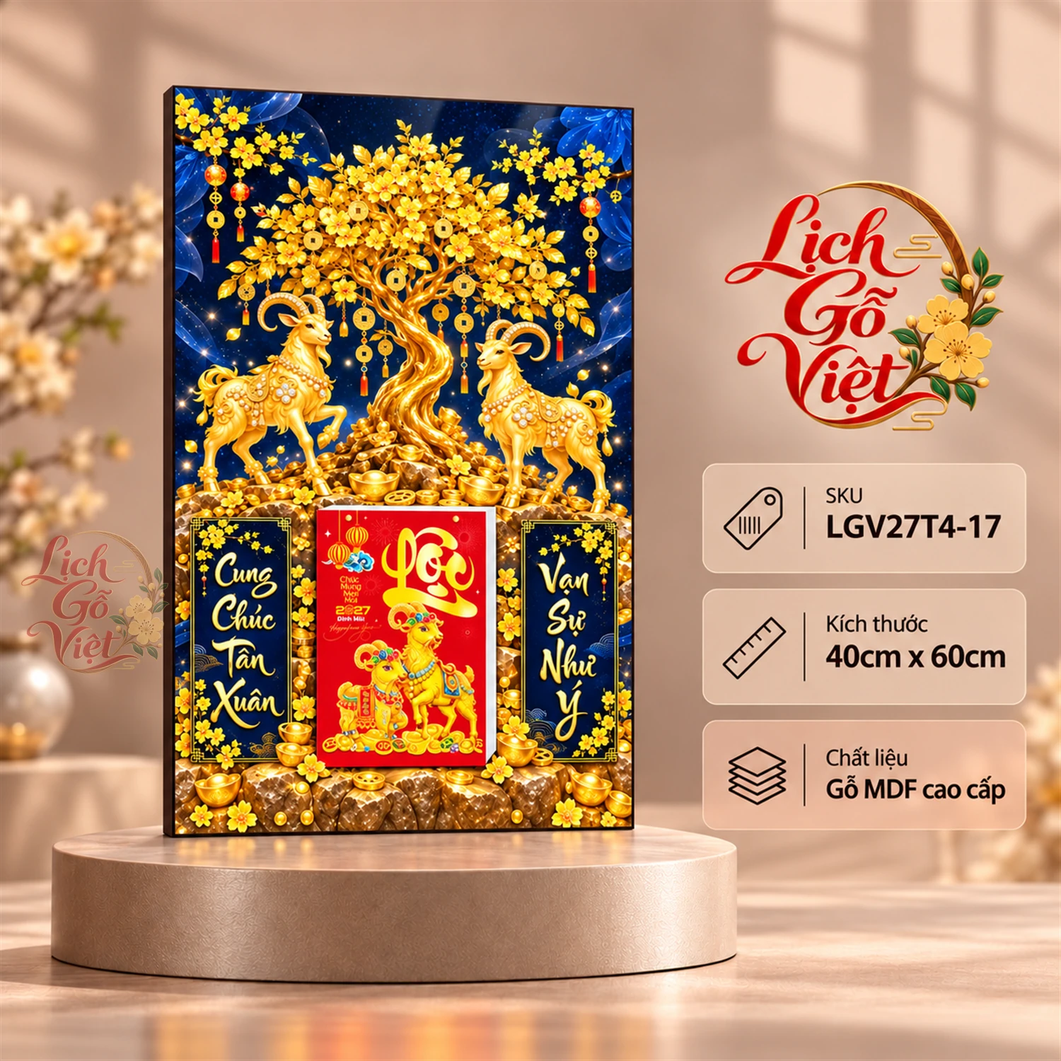 Lịch gỗ tráng gương 40x60cm Song Dương Kim Xuân LGV27T4-17