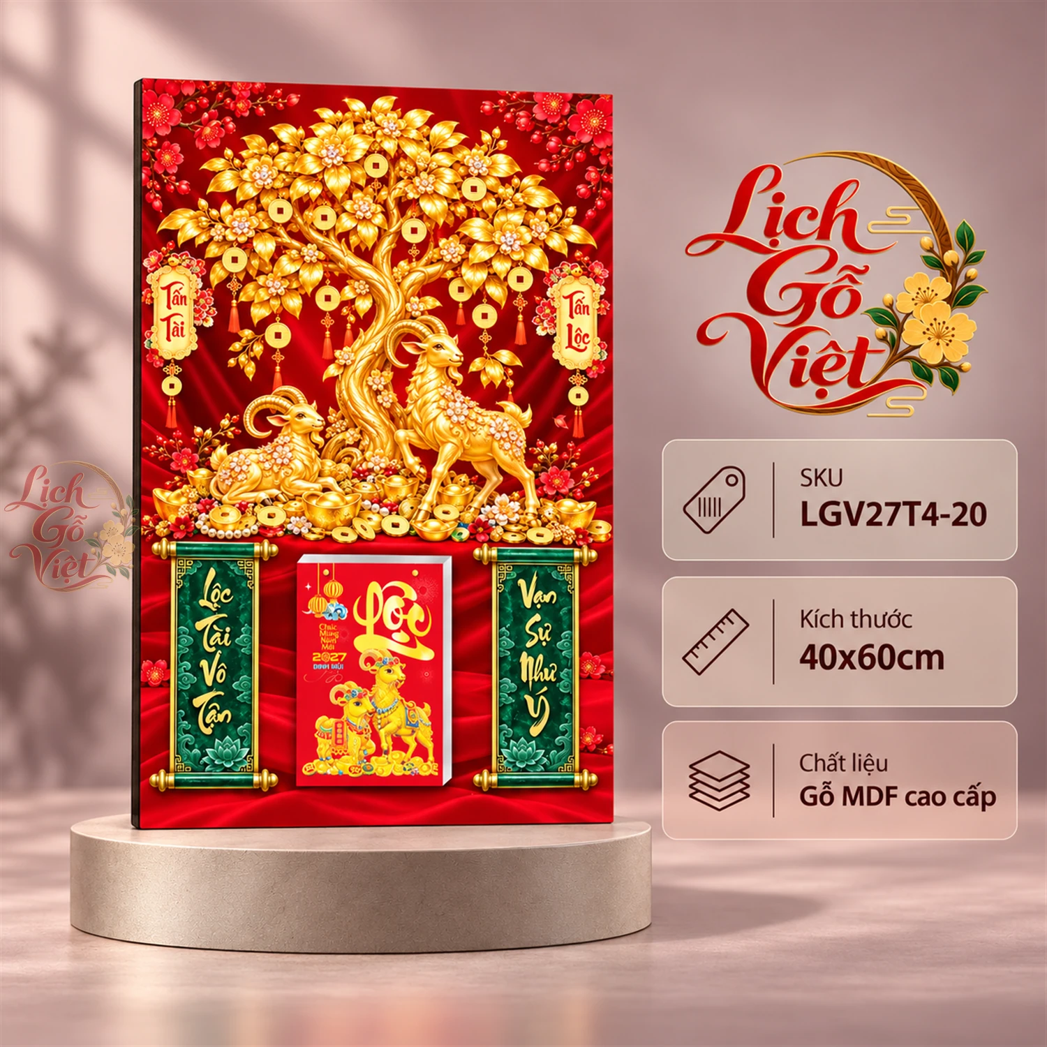 Lịch gỗ tráng gương 40x60cm Song Dương Kim Lộc LGV27T4-20