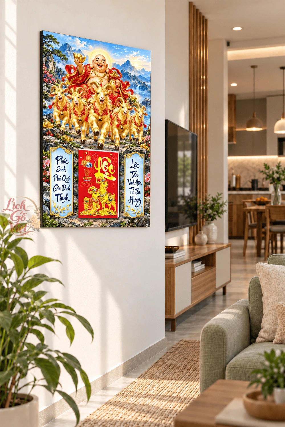 Lịch gỗ treo tường 2027 Di Lặc Ngũ Dương Sơn Thủy 40x60cm LGV27T4-40 — ảnh 3