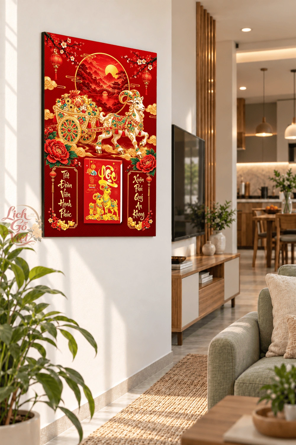 Lịch gỗ treo tường 2027 Bạch Dương Chở Lộc 40x60cm LGV27T4-48 — ảnh 3