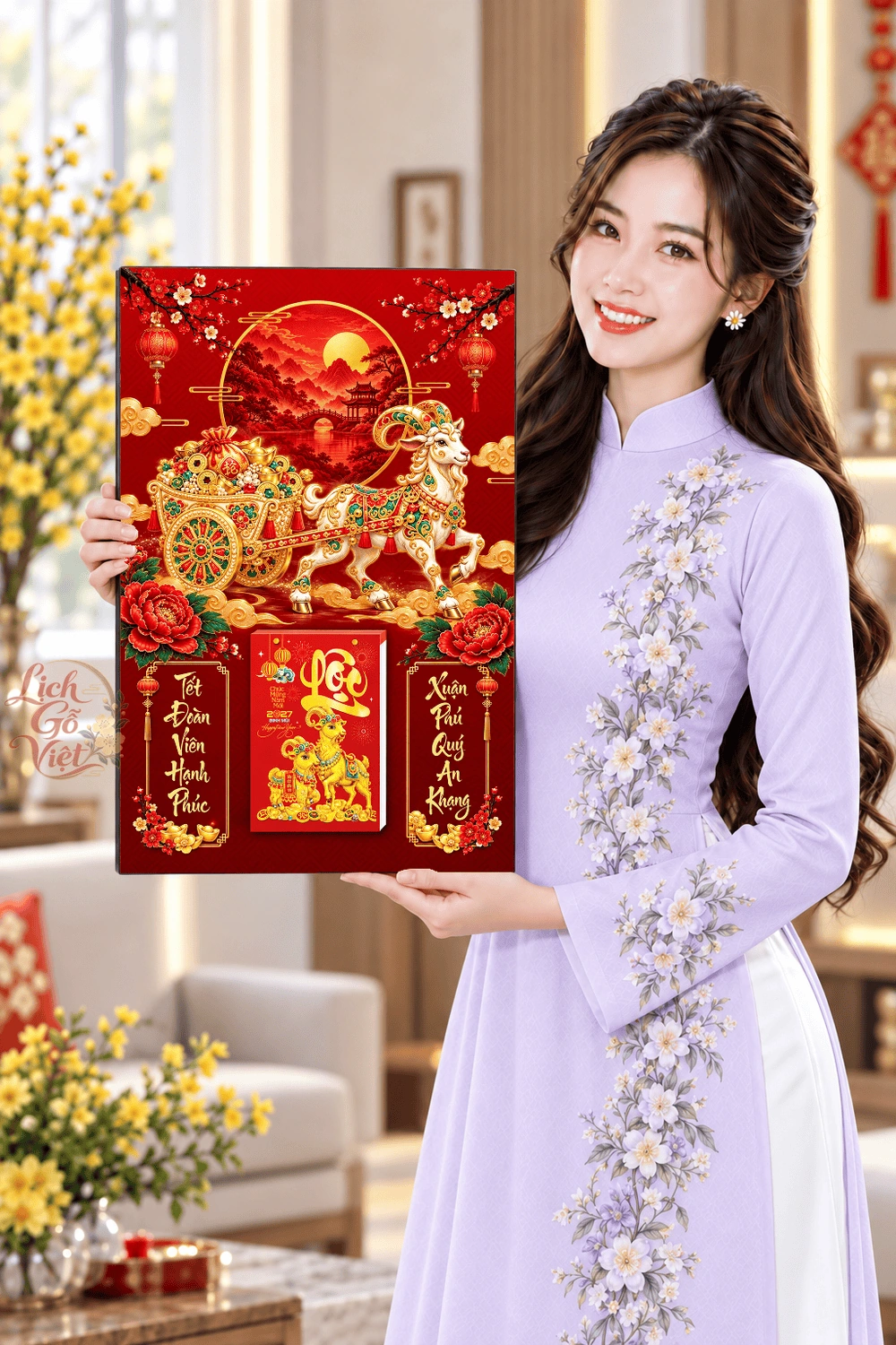 Lịch gỗ treo tường 2027 Bạch Dương Chở Lộc 40x60cm LGV27T4-48 — ảnh 4
