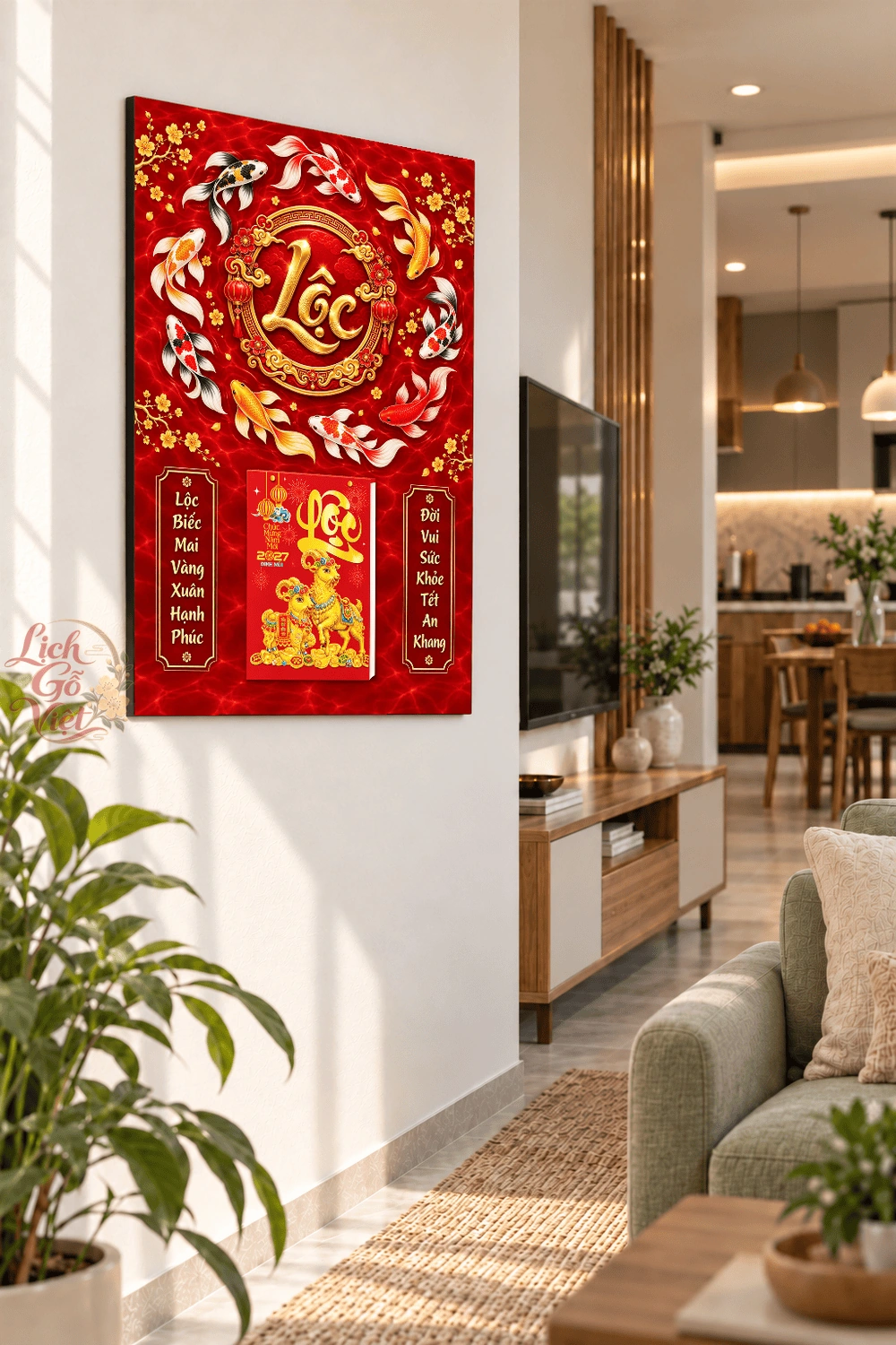 Lịch gỗ treo tường 2027 Cửu Ngư Hội Lộc 40x60cm LGV27T4-59 — ảnh 3