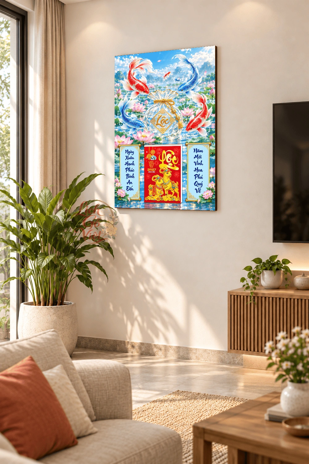Lịch gỗ treo tường 2027 Tứ Ngư Túi Lộc 40x60cm LGV27T4-62 — ảnh 2